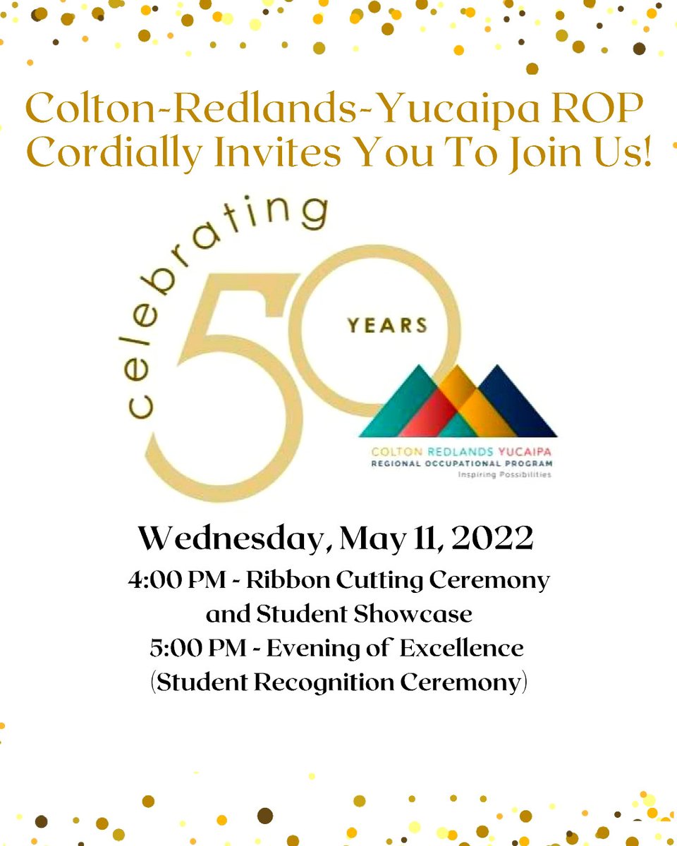 #CRYROP We're celebrating the success of our awesome students and our 50th Anniversary at our Redlands campus on May 11th!  #Proud2bROP #CareerTechEd

<a href="/ColtonJUSD/">Colton Joint Unified</a> <a href="/RedlandsUSD/">Redlands USD</a> <a href="/YCJUSTWEETS/">Yucaipa-Calimesa Joint Unified School District</a> <a href="/NewsRedlands/">RedlandsCommunityNews</a> <a href="/IEEP_/">IE Economic Partnership</a> @_IERCC <a href="/SBCCDcolleges/">San Bernardino Colleges</a> <a href="/RCCDistrict/">RCC District</a> <a href="/CityofRedlands/">City of Redlands</a> @AsmReyes47