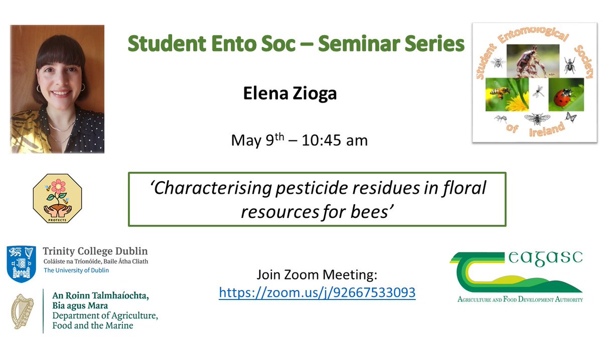 We're back! Our next presenter is one of our very own members @ZioElena - Elena will be presenting her work on pesticide residues and their effects on bees #pollination #EntoSoc Really looking forward to this one, it is not to be missed! Zoom details below.