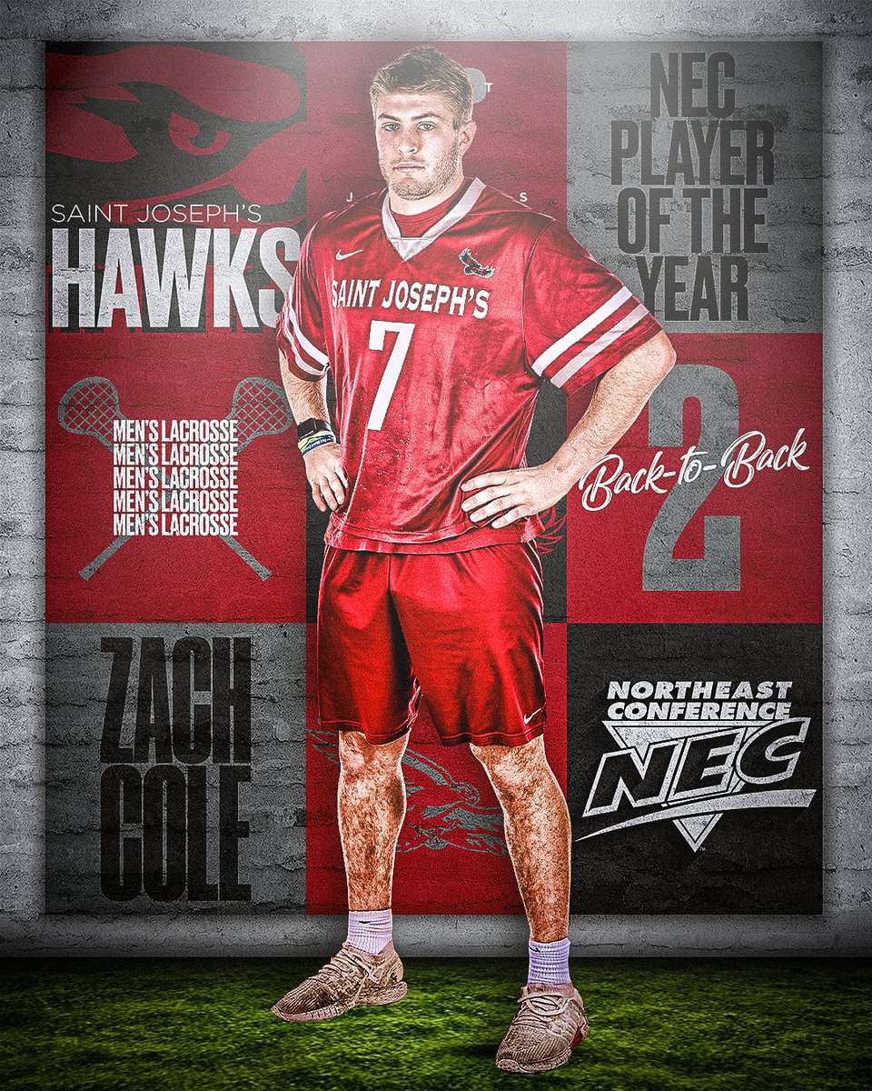 2⃣0⃣2⃣2️⃣ <a href="/necmlax/">NEC Men's Lacrosse</a> Player of the Year ⤵️

➡️ Zach Cole, <a href="/SJUHawks/">Saint Joseph's Hawks</a> 
 
🗒️ Cole has been lights out at the ❌. The 2x All-American &amp; B2B NEC Player of the Year leads the nation by a large margin in faceoff % (.702), faceoff wins (250) and ground balls/game (11.93).

#NECelite #POTY