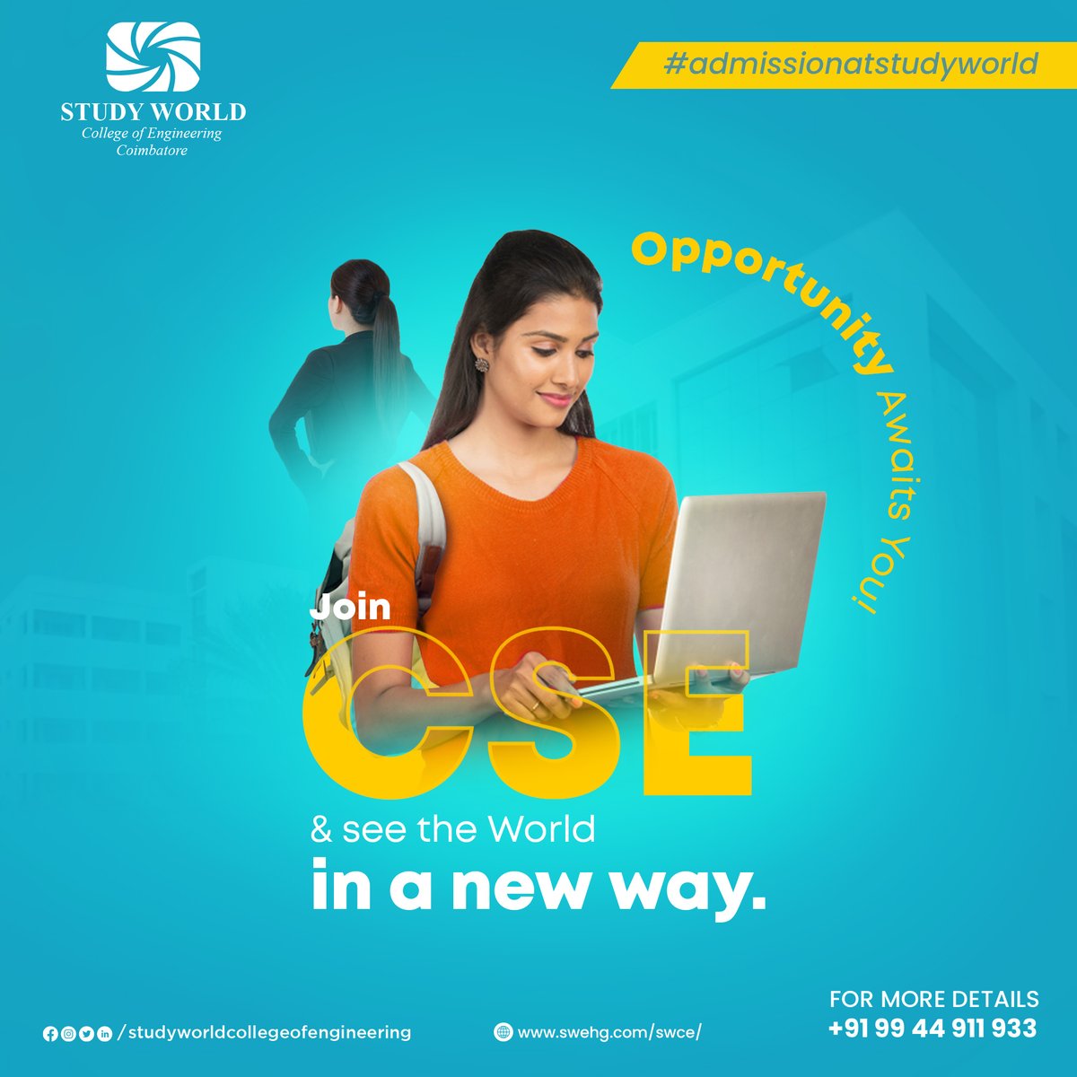 StudyWorldGI's tweet photo. Study World College of Engineering will get you world class #CSE education to embrace you with a high-worthy career. 
Grab your chance right now! 

#studyworldengineeringcollege #admissionatstudyworld 

#bestcollege 
#coimbatore #computerengineering #ThursdayThoughts https://t.co/MCa8yg6q5R