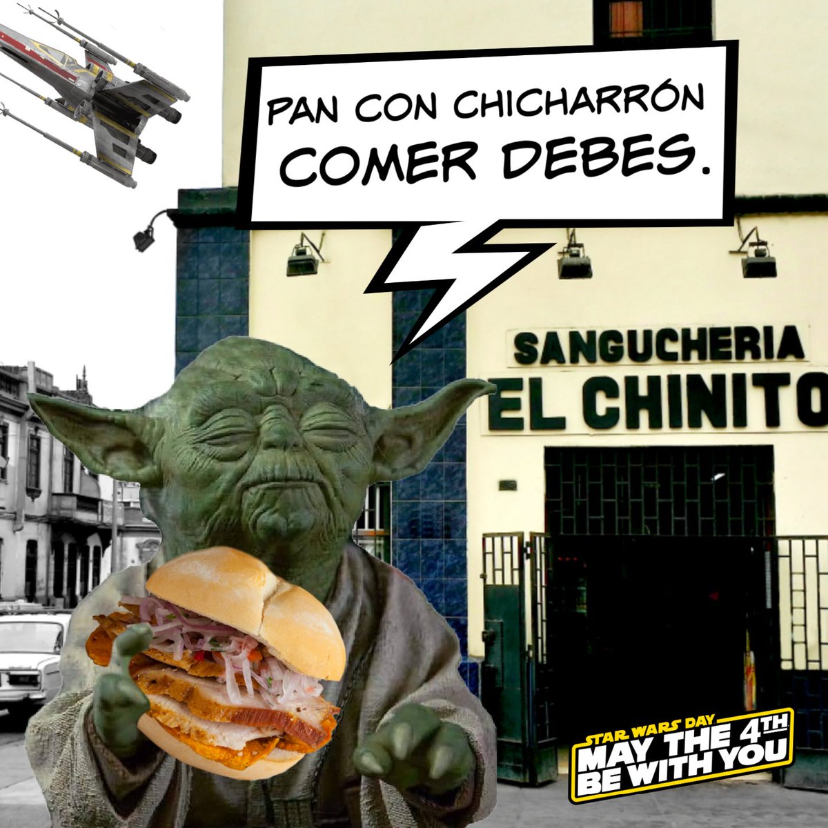 "Pan con Chicharrón comer debes".
#MayTheChicharrónBeWithYou ❤
#MayThe4thBeWithYou 🤩
#StarWars 😍

#ElChinito sánguches y chicharrones de una galaxia muy muy lejana...🌠
elchinito.com.pe