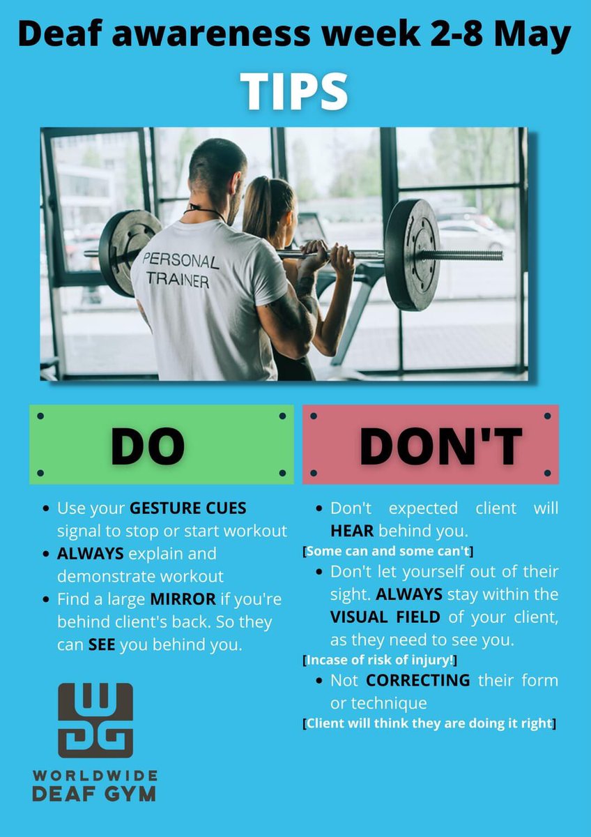 DeafGym's tweet photo. Deaf awareness week 2-8 May

#personaltrainer #gym #fitness #gymowner #fitnessinstructor Take a note on this or bookmark this to remember your drill when you meet Deaf client in your gym! 
Here's three quick tips to remember do + don't! https://t.co/z8GM6vohUB