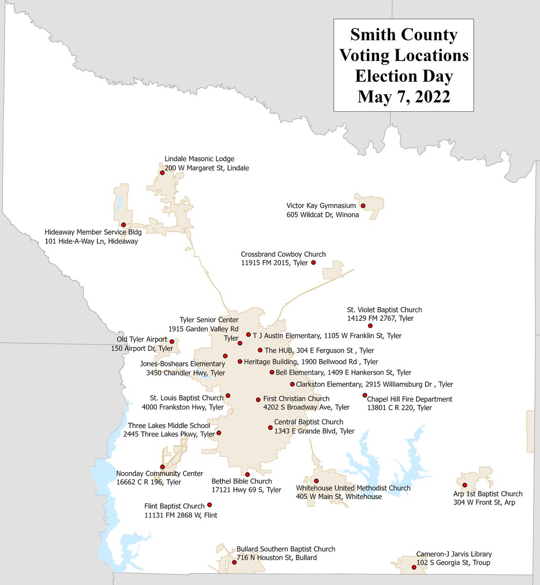 25 polling locations will be open for Election Day for the City/School &amp; Constitutional Amendment Election from 7-7 Saturday, May 7. During early voting, 7,746 people cast ballots and 1,127 absentee ballots were received. Visit smith-county.com and click on the red banner.