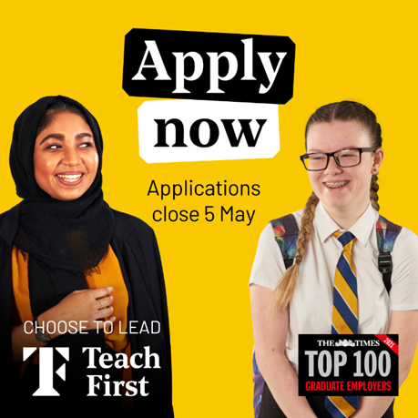 📣  Deadline alert 📣 5 May is your last chance to apply to the Teach First graduate programme – voted one of the top ten in the country for a decade. Start your application here: tinyurl.com/5n6zmctf