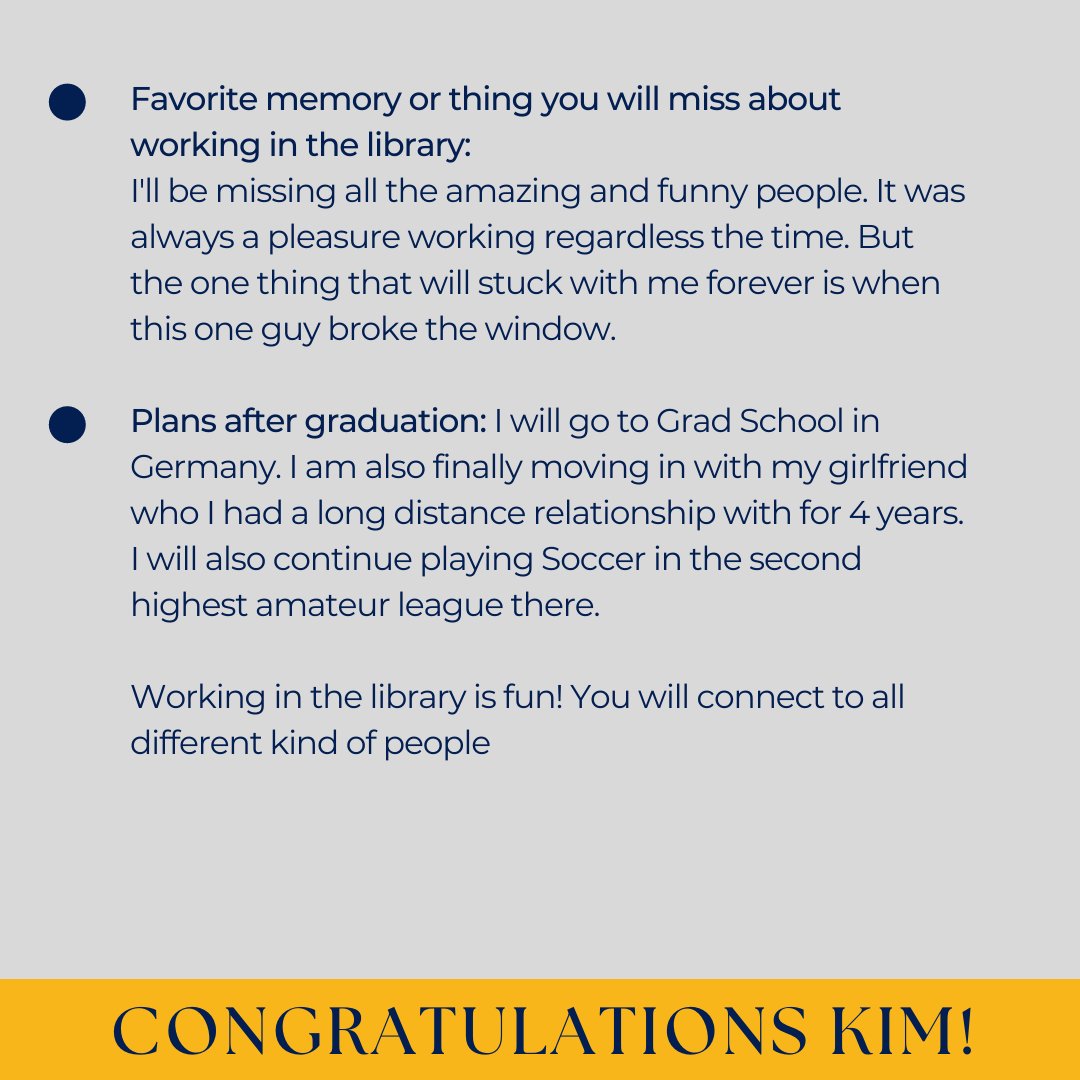 Our next Senior Spotlight is Kim Schwensen. We will miss Kim's  exuberant personality and willingness to step up and cover any shift. Congratulations, Kim! We will miss you in the Library!

#SeniorSpotlight #MarianUniversity