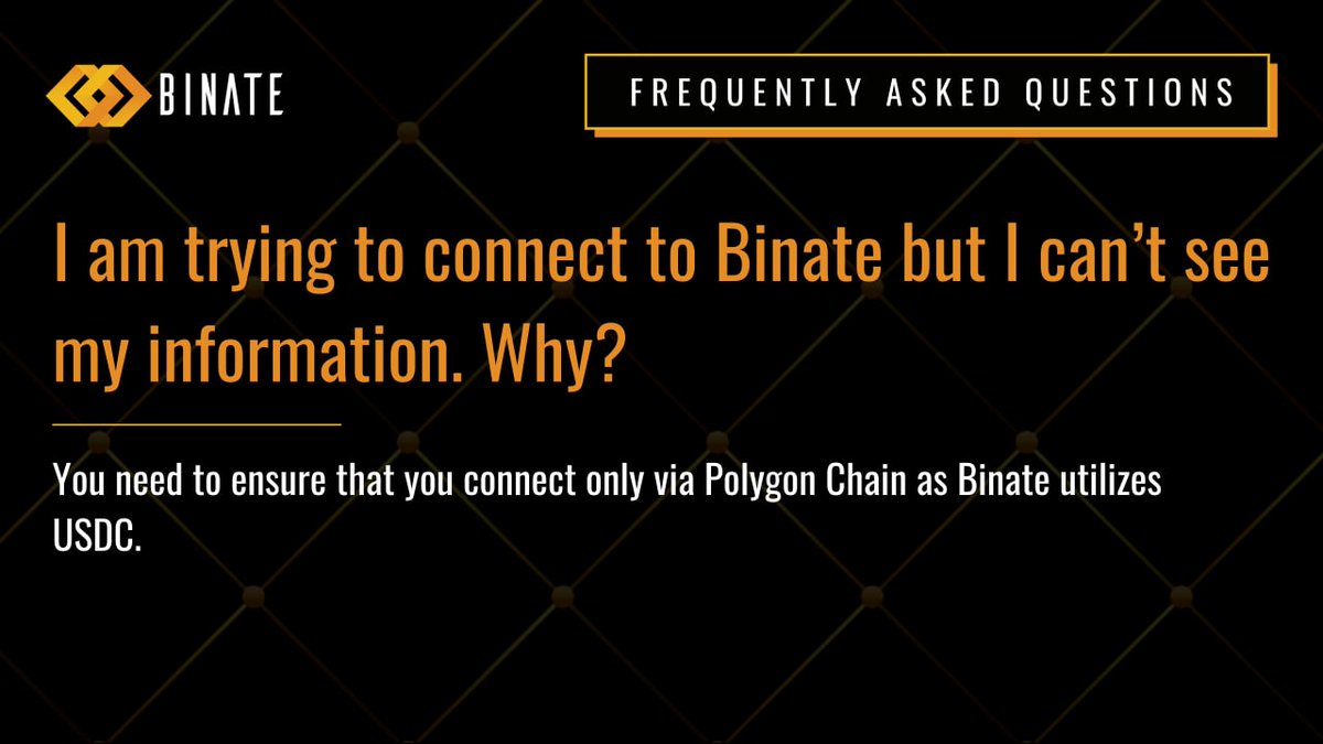 Binate_official's tweet photo. #Binate FAQ3️⃣

◼️I am trying to connect to #Binate but I can’t see my information. Why ❓
✨You need to ensure that you connect only via #Polygon Chain as #Binate utilizes $USDC. 

Start today👉https://t.co/6gw7HZxWOq

Powered by #Matic.😍 https://t.co/qZaqv0Z6NY