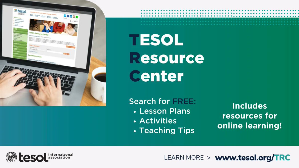 TESOL_Assn's tweet photo. Did you know? #TESOL hosts an online Resource Center with lots of free tips, activities, and lesson plans! Check it out and submit your resources for consideration as well! https://t.co/Kv7p28L7H2 #ThankATeacher #TEFL #TESL #TESOLtrc #TESOLresources https://t.co/IcF40gV4nr