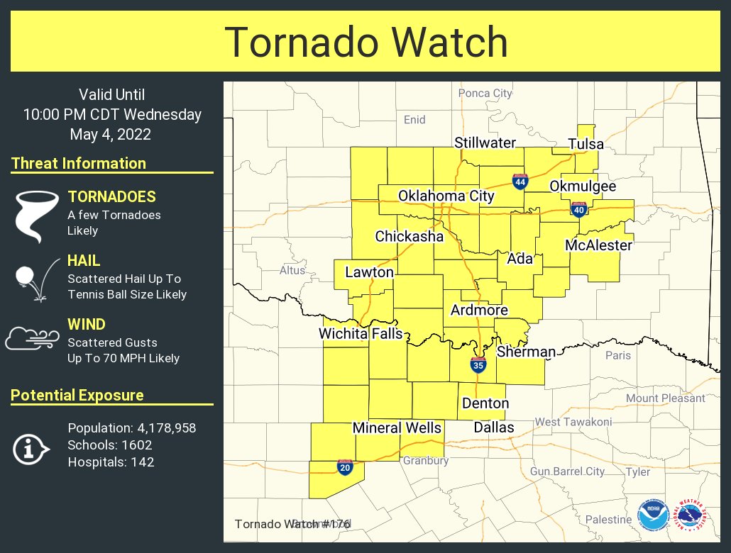 A tornado watch has been issued for parts of Oklahoma and Texas until 10 PM CDT