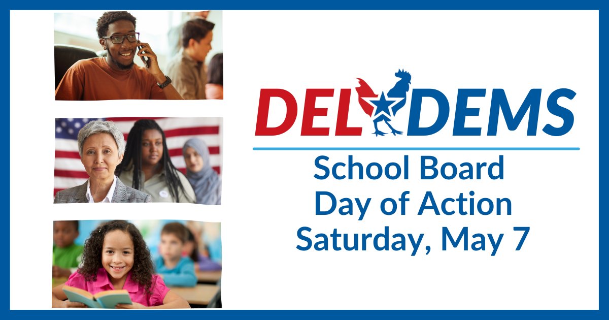 Deldems's tweet photo. With right-wing talking points seeping into school board proceedings, our schools are relying on us to help elect leaders that reflect our values. Join us this Saturday, as we call DE Democrats to get them out to vote in Tuesday's School Board Elections.
https://t.co/Jl0aB6cEdo https://t.co/SsYHRfRJ4v