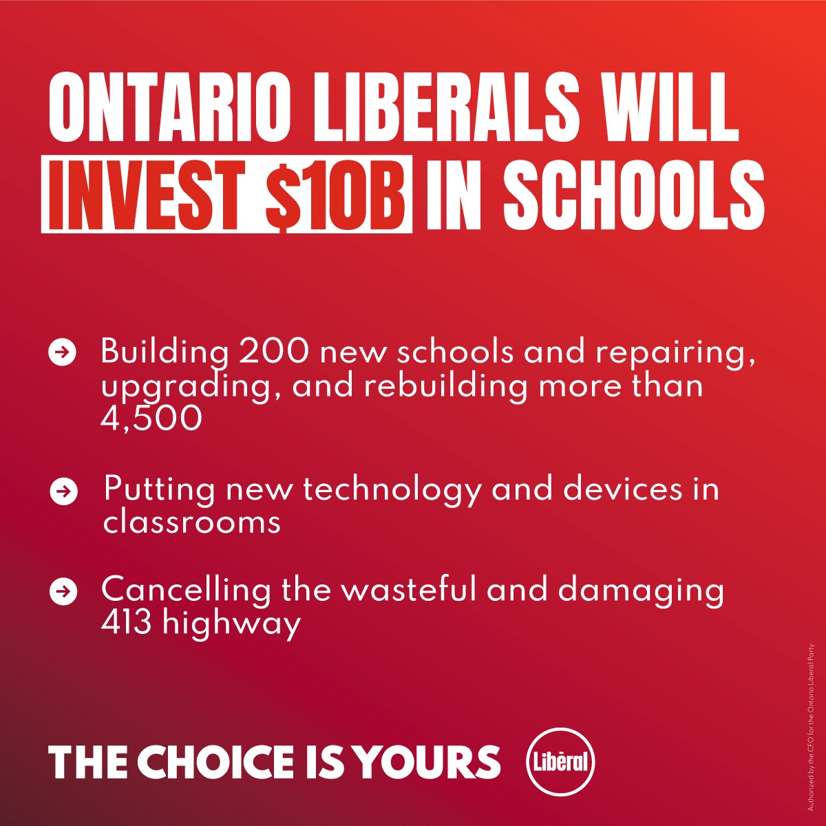An <a href="/OntLiberal/">Ontario Liberal Party | Parti Libéral de l'Ontario</a> government will make the largest investment in building and repairing schools in our province's history. It will be fully funded by cancelling the Ford Conservatives' wasteful and damaging Highway 413.

#TheChoiceIsYours #onpoli
