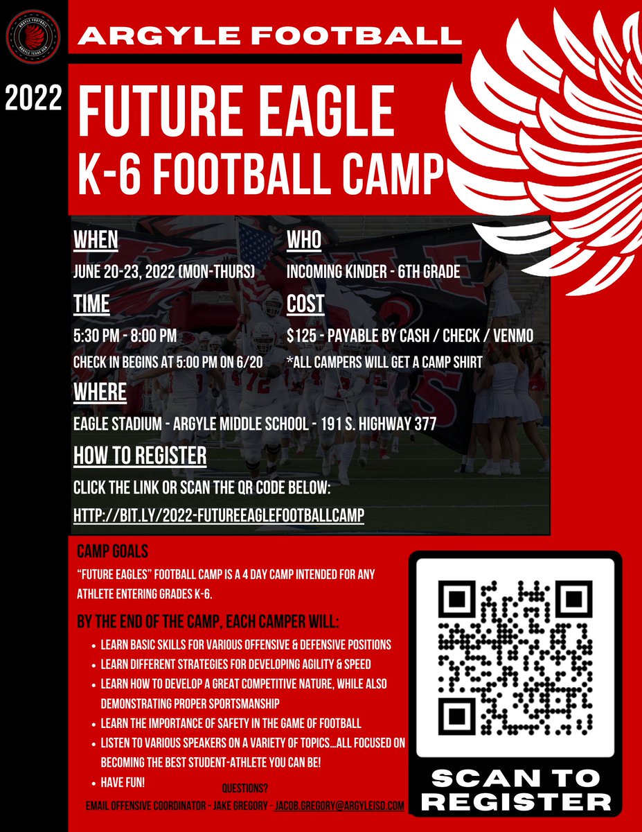 argylegridiron's tweet photo. Incoming K - 6th Graders, Don't forget to sign up for the 2022 Argyle Summer Football camp!
Links below for registration🔻
K-6 Football Camp Link
https://t.co/RXETSUGXLK
***Details provided on flyers below
#CommitToTheStandard https://t.co/xXIZDwWcbY