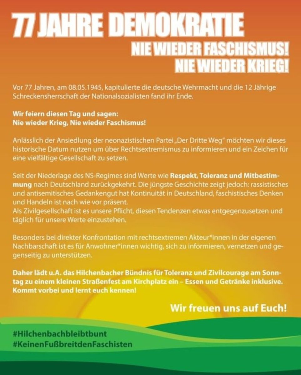 CafeSiegen's tweet photo. #NieWiederKrieg #NieWiederFaschismus am #8Mai in #Hilchenbach.

"Wir feiern diesen Tag." Und stellen uns mit unseren Freund*innen gegen den Dritten Weg und sein #Nazihaus.

Hier der Aufruf und das Plakat des lokalen Bündnisses und von #HilchenbachgegenRechts 

Zur Anreise:

[1/3] https://t.co/HNpIatg4u9