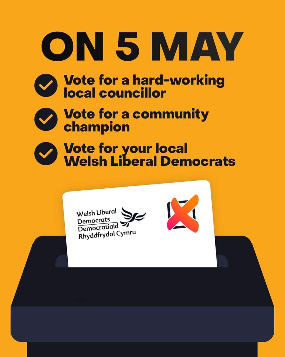 WelshLibDems's tweet image. Voting @WelshLibDems tomorrow is your chance to send your council a message  that you shouldn't be taken for granted. 

Use your vote to elect a Welsh Liberal Democrat local champion who’ll work hard, is embedded in your community and fights for a fair deal for you.🔶️🏴󠁧󠁢󠁷󠁬󠁳󠁿🗳