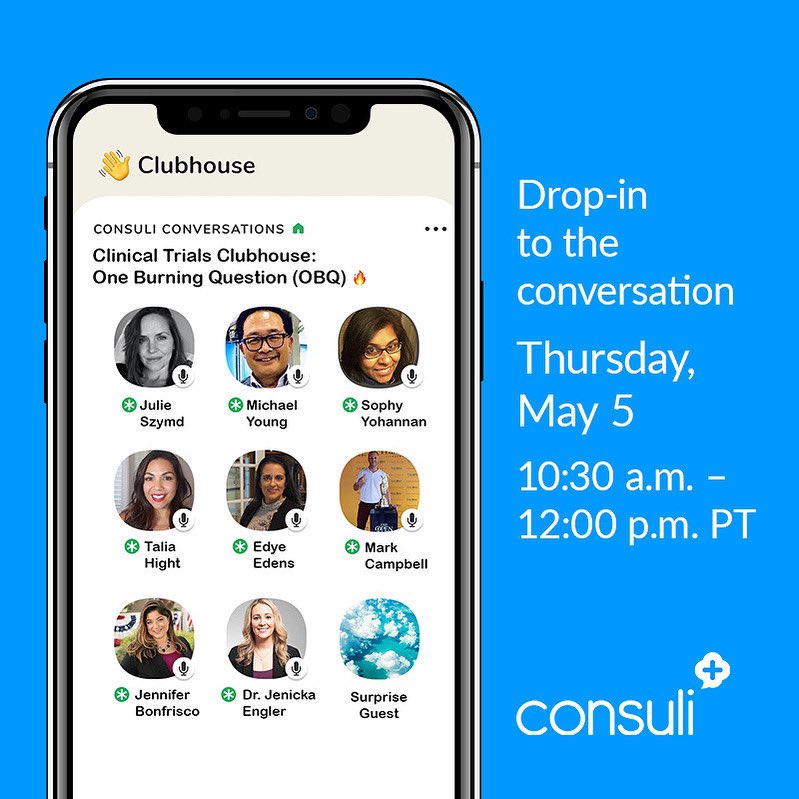👋 Clinical Trials Clubhouse: One Burning Question with Consuli Conversations..Tomorrow!! Join us on #ClubhouseApp
📆 Thursday, 5/5
⌚️10:30 am PT
🔥 We will discuss the new guidance the FDA has released to enroll more underrepresented populations in clinical trials. 
🚪Link👇