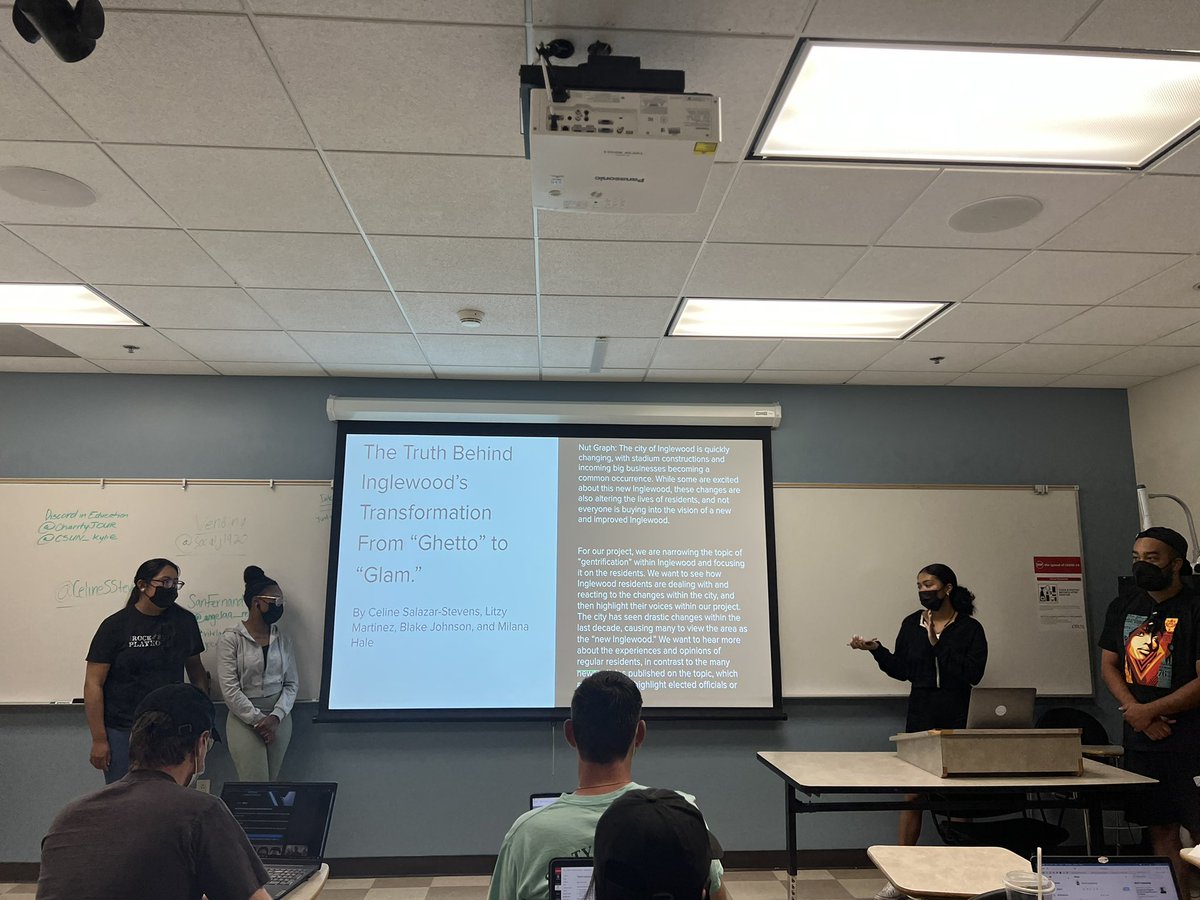 CharityJOUR's tweet photo. Next, we’re looking into the gentrification of Inglewood by @CelineSStevens and her group. The idea of using before/after pictures of the city is extremely cool. Also collaborating with citizen journalists is a unique method of info gathering. #CSUN375 https://t.co/wBfSFW1vwT