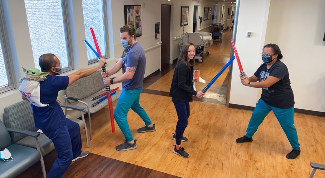 DocPhx's tweet photo. I found some #StarWars staff who had come to visit earth @HonorHealth Osborn #MayThe4thBeWithYou #besthospital if you have to be on one #bestnurses and #doctors https://t.co/O9OwRVQvBG