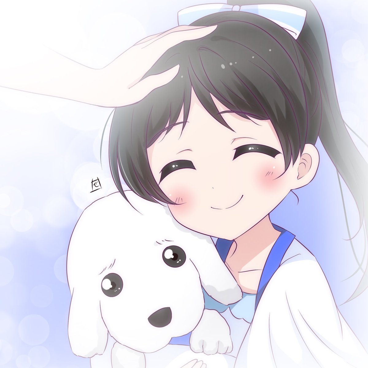 1girl headpat black hair ponytail smile closed eyes dog  illustration images