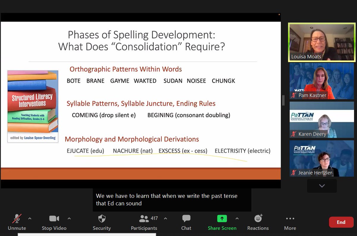 liv2learn's tweet photo. PaTTAN is very honored to have Dr. Louisa Moats join our book study series. Tonight, ch. 4 Structured Literacy  Interventions for Spelling. 400+ dedicated participants joining live. Recordings and resources here: https://t.co/hsnMiPbnyv  @pattanupdates  @pattanliteracy https://t.co/s3u5F7Ge7a