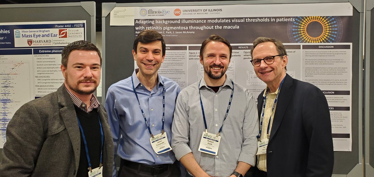 Great chatting with this crew at #ARVO2022! (l to r) Jason McAnany, RPB Dolly Green Special Scholar Awardee, @UIllinoisMed; Jason Comander, RPB Career Development Awardee, @harvardmed; Robert Hyde @UIllinoisMed; and RPB President Brian Hofland