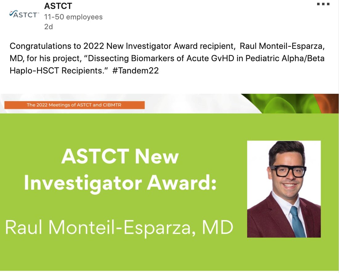 StanfordPeds's tweet photo. Congratulations Raul Monteil-Esparza, MD (@BertainaLab)  - ASTCT New Investigator Award for "Dissecting Biomarkers of Acute GvHD in Pediatric Alpha/Beta Haplo-HSCT Recipients." https://t.co/hjhGuNqJ2E