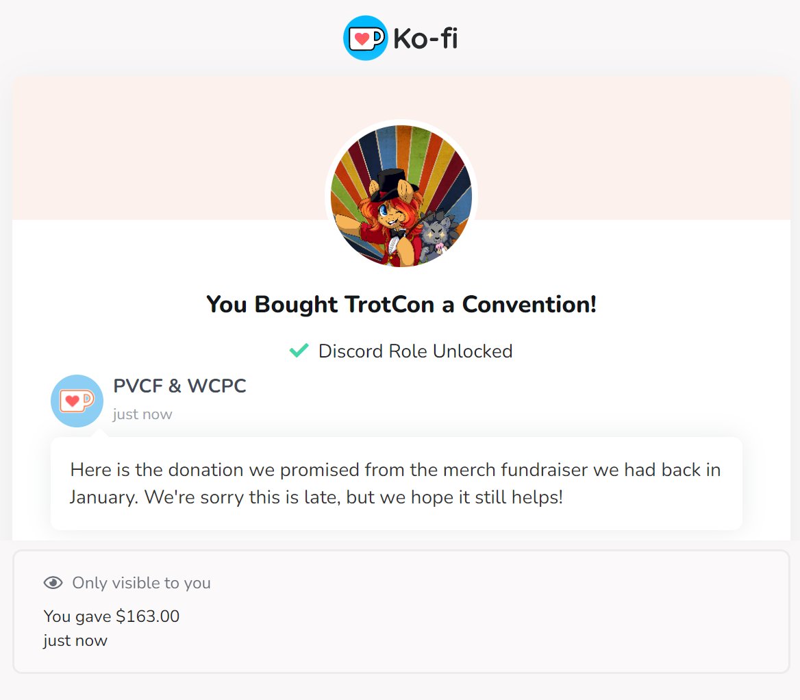 WhinnyCityPony's tweet photo. We finally took care of some very overdue business. Back in January, we ran a fundraiser for @TrotCon where we promised to donate the net profit from merch store orders after shipping and fees. That amount came out to $163, which we just sent their way. 💕
Details included below! https://t.co/ZPzSIFJFjM