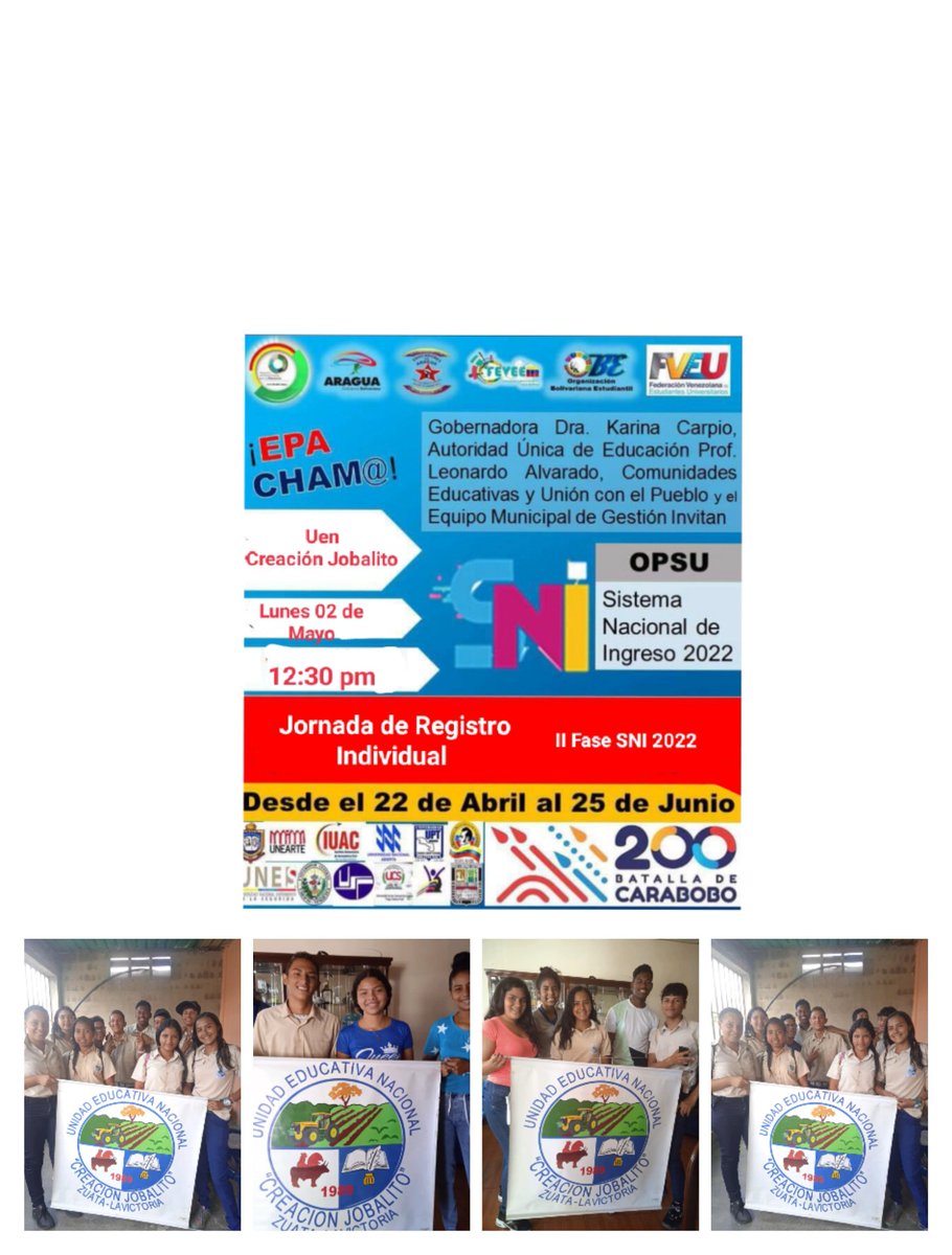 Estudiantes de 5to año felices por cumplir su segunda fase del registro SNI-OPSU 2022. ¡Bravo por nuestra muchachada de la Patria Grande! <a href="/NicolasMaduro/">Nicolás Maduro</a> <a href="/yelitzePSUV_/">Yelitze Santaella</a> <a href="/_LaAvanzadora/">Yelitze Santaella</a> <a href="/Soykarinacarpio/">Karina Carpio</a> <a href="/juancarlospsuv/">Juan Carlos Sanchez</a> <a href="/leoalvacabrera/">Prof. Leonardo Alvarado</a> <a href="/MYovao120/">Yobany Marchena</a> @MPPEDUCACION @ZE_Aragua