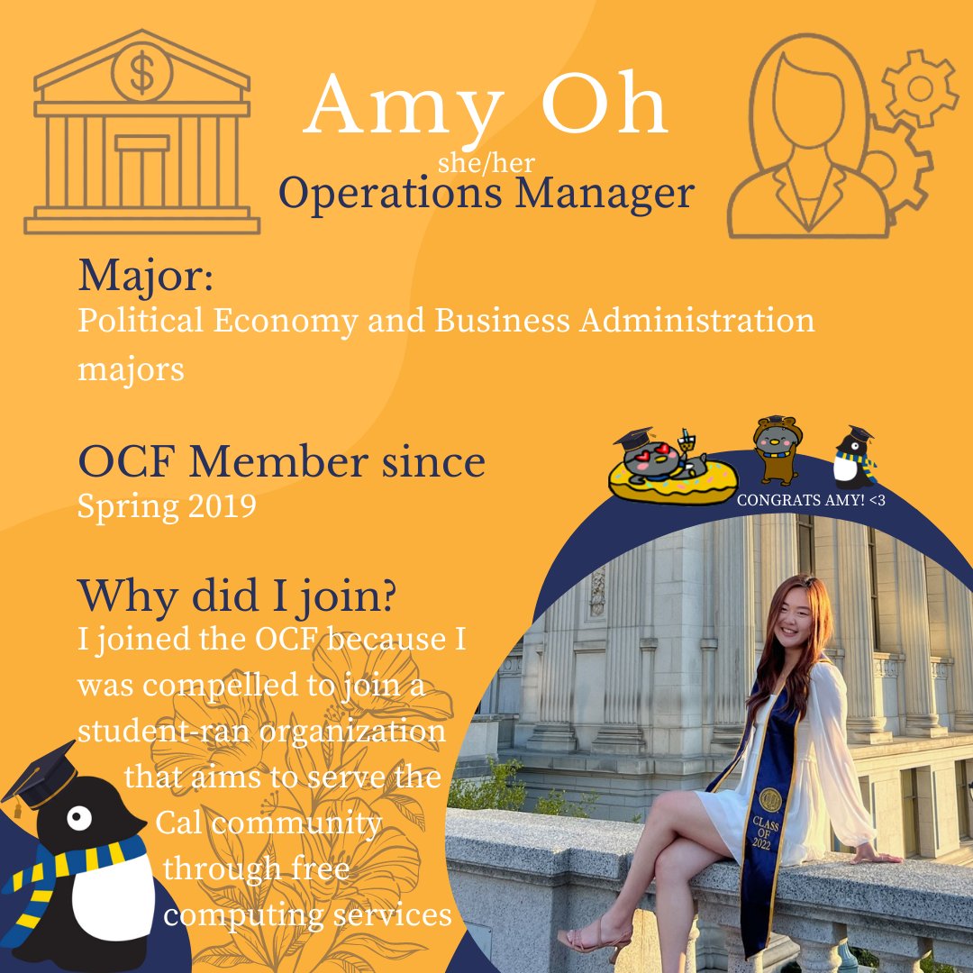 ucbocf's tweet photo. Our staffer of the week is Amy Oh! Amy is an Operations Manager who focuses on managing the OA team. She decided to join the OCF because “[she] was compelled to join a student-ran organization that aims to serve the Cal community through free computing services.” https://t.co/qofTU4QPqV