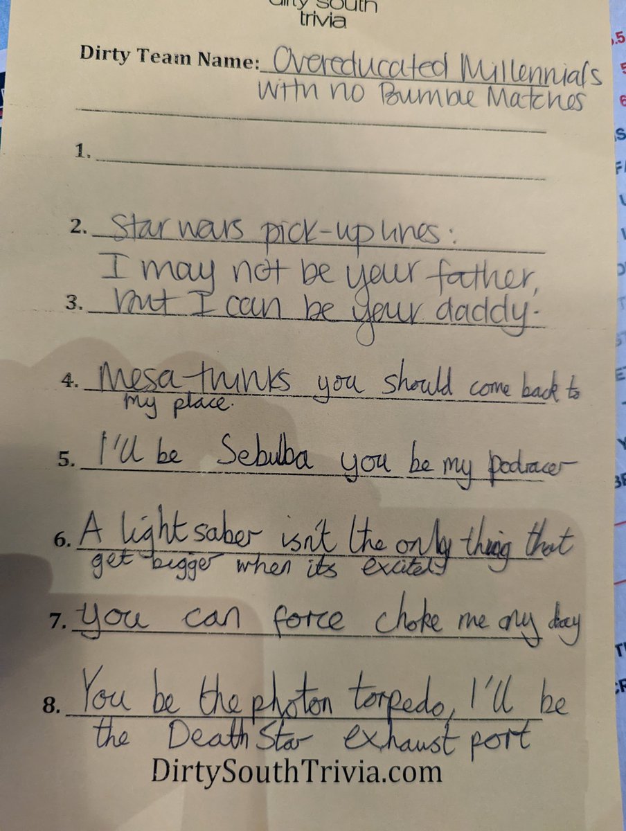 Charliecss's tweet image. My trivia team left me unsupervised to create Star Wars pick-up lines. The Jar Jar one won.