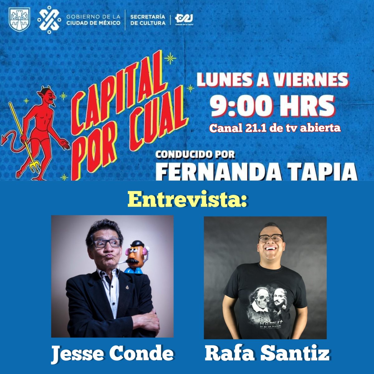 CAEMProd's tweet photo. Mañana no te pierdas @capitalporcual con nuestra querida @TapiaFernanda, tendrá en entrevista al maestro @conde_jesse y a @soyrafasantiz para hablar del gran estreno de "Nosotros, que nos quisimos tanto". 
A partir de las 9:00am por el 21.1 de tv abierta, Izzi y Totalplay 📺🎙️🎭 https://t.co/W2lPK0fB54