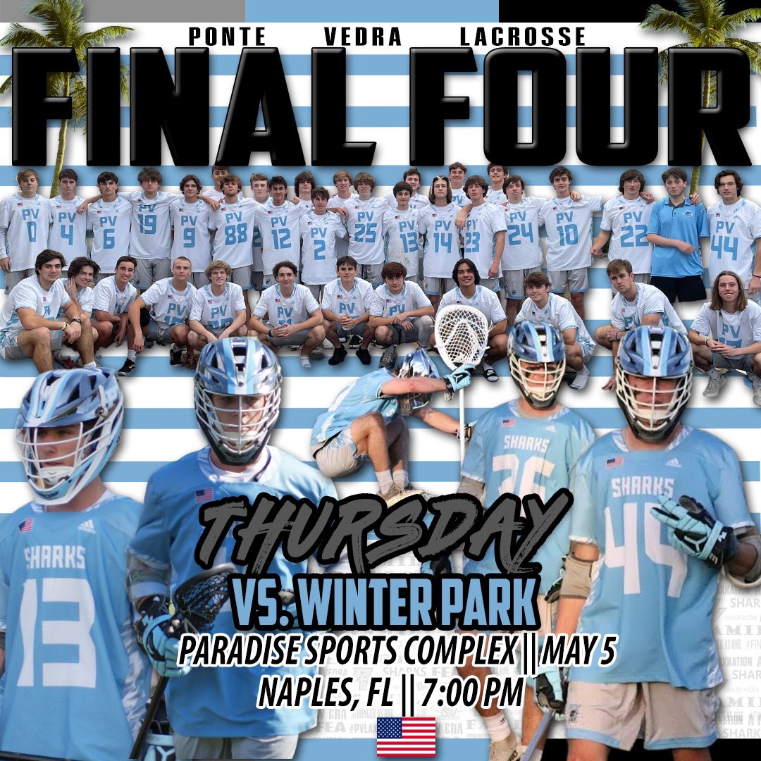 PVSharksLax1's tweet photo. Thursday is 🚨GAMEDAY🚨. PV plays Winter Park in a heavyweight battle in Naples at 7 PM - tune in on NFHS to watch or keep an eye on our story for score updates #pvlaxnation @FloridaLX @JustinBarneyTV @PVSHARKSsports @cppo5 @thesquarescriv https://t.co/OYeOWEqoYR