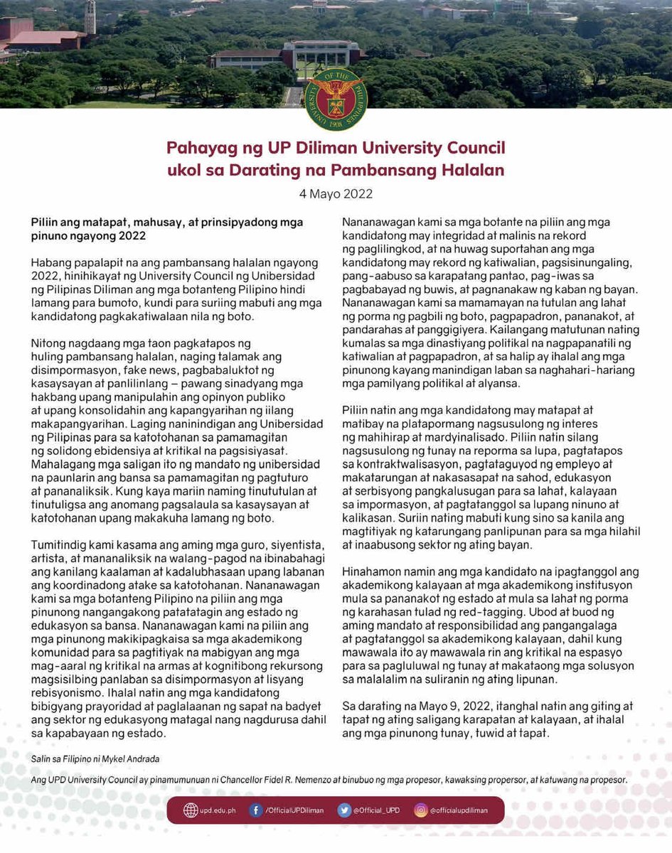 Bakit hindi pa binanggit ang pangalan ng mga tinutukoy nilang hindi karapat dapat ihalal? Ang UP na kinagisnan ko nung student leader pa ako at umuupo sa Board of Regents nung dekada 80 hindi takot isiwalat  ang buong katotohanan. History is a harsh judge. Sa yang, UP Diliman.