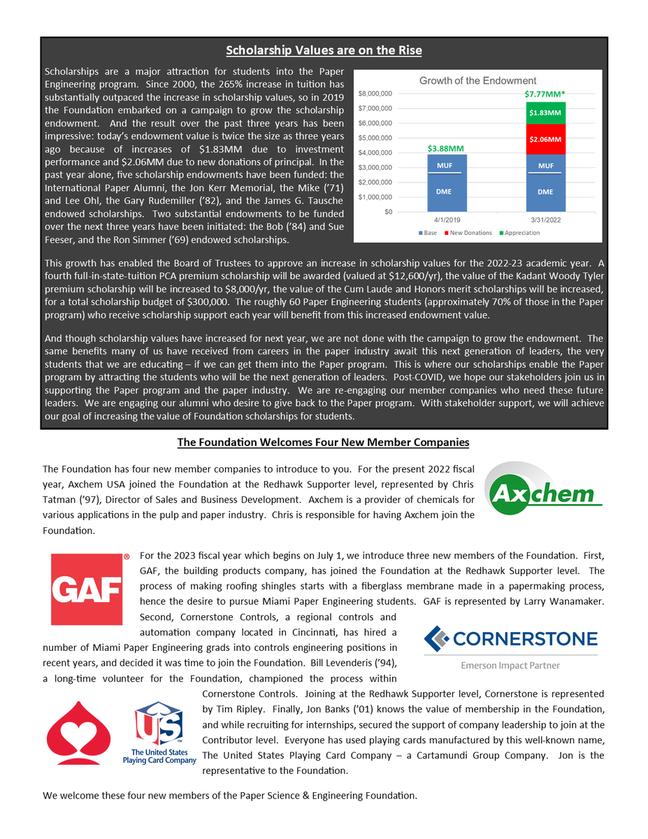 PSEFoundation's tweet photo. Hot off the press from the Paper Science &amp; Engineering Foundation at Miami University is the Foundation Facts Newsletter, issued every Spring before the end of the academic year. We hope you enjoy reading this newsletter. https://t.co/dgHvARX2hv