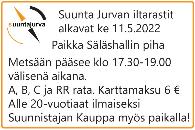Suunta Jurvan iltarastit metsän puolella alkavat ke 11.5. Paikalla myös Suunnistajan Kauppa! 
Osoite Venerannantie, tapahtumat löytyvät myös Rastilippu.fi.