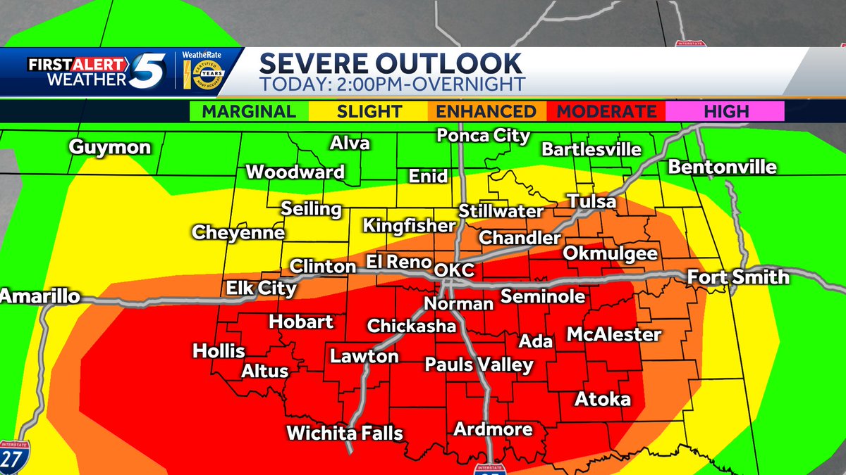KOCOdamonlane's tweet photo. As expected, the MODERATE RISK has been extended into OKC and into Eastern Oklahoma. 

Tornado risk increasing south of I-40 today https://t.co/gxtOsTfbeK