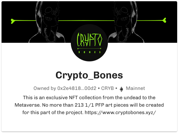 germs's tweet photo. You can mint a #CryptoBones #NFT now with my new smart contract for the collection, directly from my @NiftyKitApp landing page. β οΈπ€
https://t.co/K85pjOOczQ
.05 $eth
#CRYP #NFT #token #mainnet https://t.co/qzCjd9mnWl
