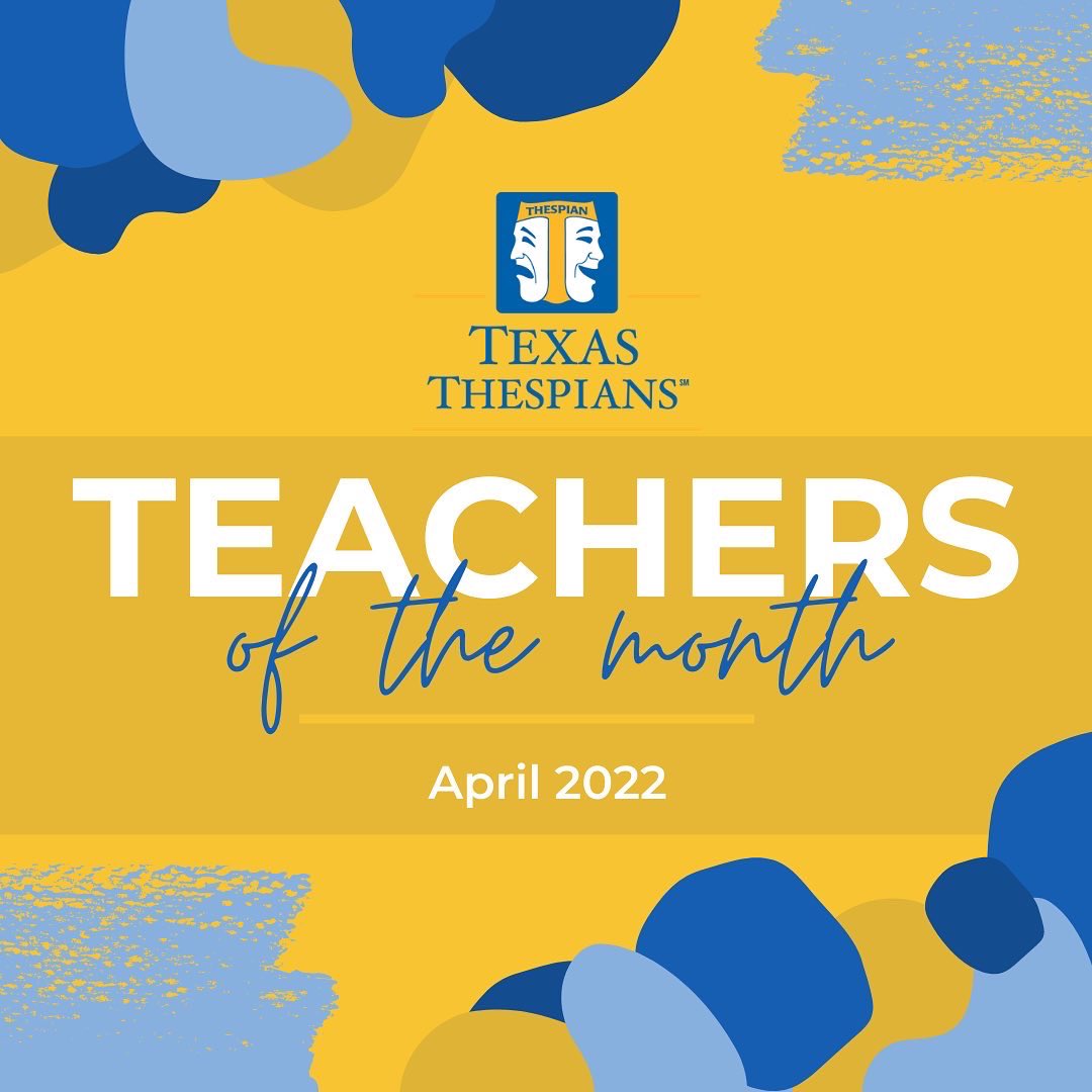 Texas_STO's tweet photo. Congratulations to our April 2022 Teacher of the Month! Nominate your High School and Junior High directors using the link in our bio! 💛💙 #texasthespians https://t.co/fbqX4Wsnzg