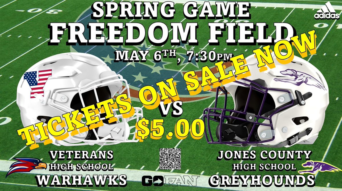 THE SPRING GAME!  
Scrimmage vs the JONES COUNTY GREYHOUNDS.

Tickets For Sale only on GoFan. $5.00
gofan.co/app/events/605…

<a href="/Coach_Ingram/">Coach Josh Ingram</a> <a href="/VeteransHS/">Veterans Football</a> <a href="/WarHawkRecruits/">WarHawk Recruits</a> <a href="/VHSDirtyBirds/">Dirty Birds</a> <a href="/GreyhoundFball/">Jones County Football</a> <a href="/sportsguymarv/">Marvin L James II</a>