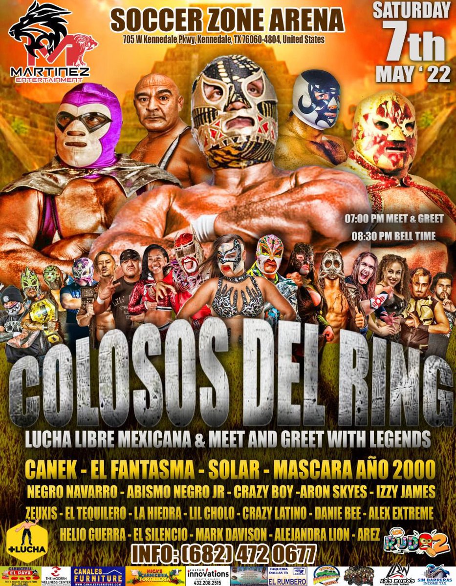 MtzEntertaiment's tweet photo. Legends part 2 #may7th #fortworthTexas @MtzEntertaiment presents @CANEK_OFICIAL73 @ArezStrange @AAACrazyboy @Ale_TheLion @ZeuxisLucero @LaHiedraAAA @dannibeeokc @IzzyJames_PW @lilcholo01 https://t.co/c2YCofmQdN
