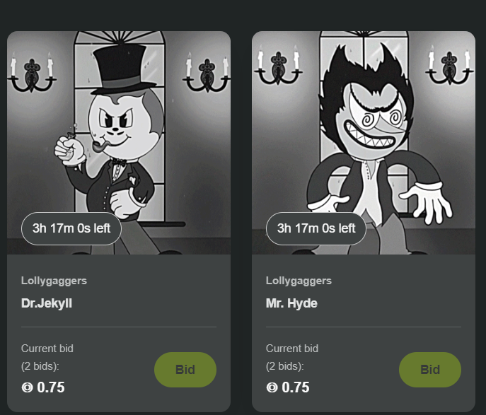 LollygaggersNFT's tweet photo. 3 HOURS LEFT!!!

Dr. Jekyll Current Bid ◎ 0.75 by @DarkArtofMiller
Mr. Hyde Current Bid ◎ 0.75 by @DarkArtofMiller 
Tic size ◎ .25

Auction ends at 7:00 PM EST

💥pNFT rewards for every bidder means you get awesome art even if you don't win this time around!
💥Link in bio https://t.co/egC0jboHgW