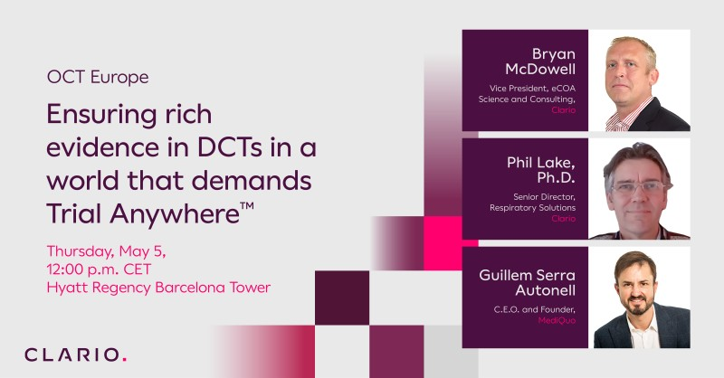 Clario's tweet photo. Don't miss our presentation at #OCTEurope *tomorrow* May 5th @ 12PM CET featuring Clario's Dr. Phil Lake and Bryan McDowell and MediQuo‘s CEO Guillem Serra as they explore the topic "Ensuring Rich Evidence in a World that Demands Trial Anywhere™️."

#DCT https://t.co/FQpA3EtghO