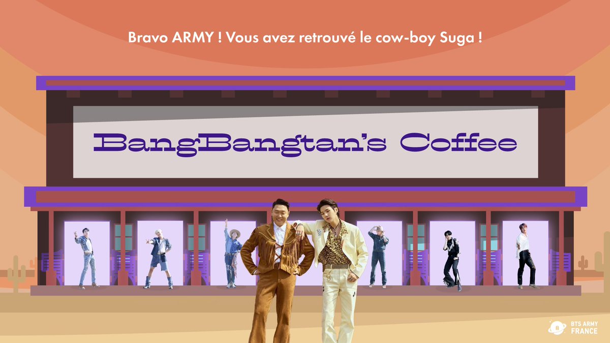 BTSARMYFRANCE_'s tweet photo. - Mais où est le cowboy SUGA ? -

Bien joué tout le monde !

Pour fêter le succès de cette recherche, streamez le titre 'That That' pendant 5 minutes. https://t.co/aOomcSGPKQ