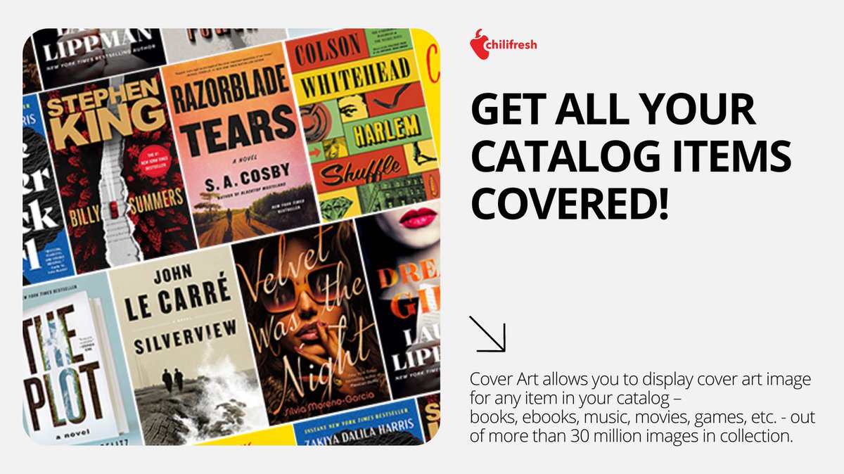 chilifresh's tweet image. 💡Enhance your library catalog with ChiliFresh Cover Art. It will allow you to get cover art for all your library items to make the user experience even more effortless📚

🚀 Contact us here: chilifresh.com/contact

#library #libarians