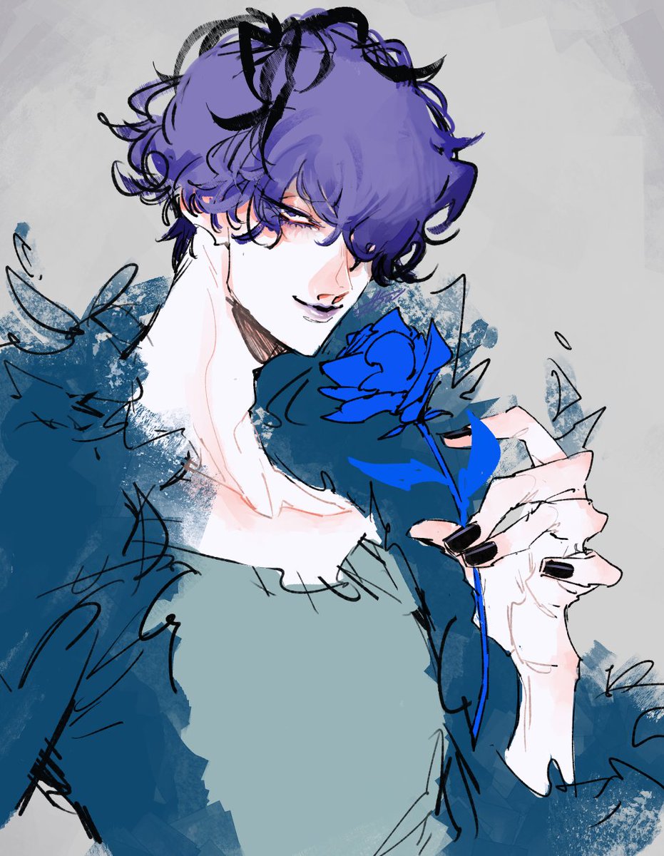 garry (ib) flower 1boy blue flower male focus purple hair blue rose solo  illustration images