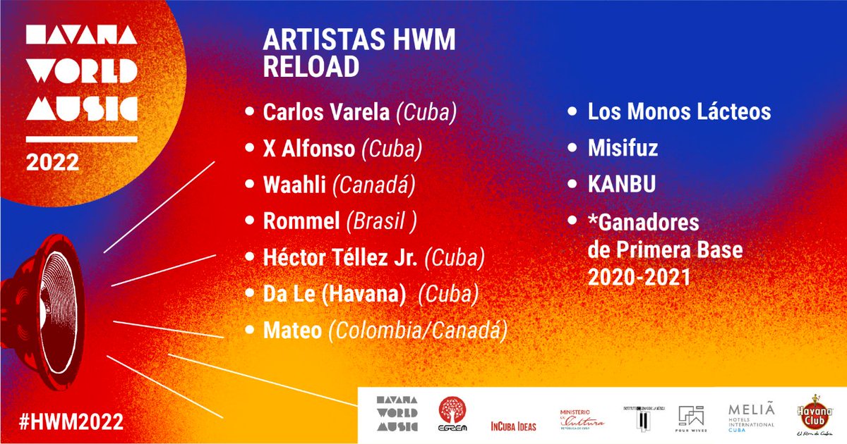 EGREMOFICIAL's tweet photo. 🔥 Artistas Confirmados Havana World Music "Reload" 🔥
¡No podemos estar más felices! Con esta tanda se cierra nuestro line up para la próxima edición.
¡Tres noches de música, alegría, diversidad! ¡Les esperamos en el Club 500 José Antonio Echeverría!
#HWM2022 #HWMReload https://t.co/Vu0V67nx0s