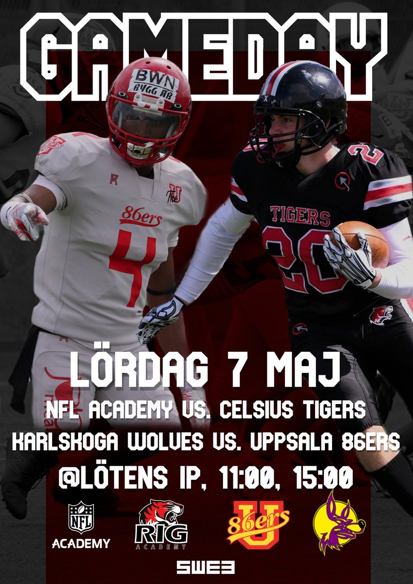 Det bjuds på amerikansk fotbollsfest i Uppsala nu på lördag!

Kl. 11 ser du det spännande mötet mellan <a href="/RigFootball/">RIG Football</a> och <a href="/NFLAcademy/">NFL Academy</a> från London, amerikansk fotboll på högsta europeiska juniornivå.

Och kl. 15 sparkar <a href="/Uppsala86ers/">Uppsala 86ers</a> av mot <a href="/KarlskogaWolves/">Karlskoga Wolves</a> i Div 1 Herr Norra #SWE3