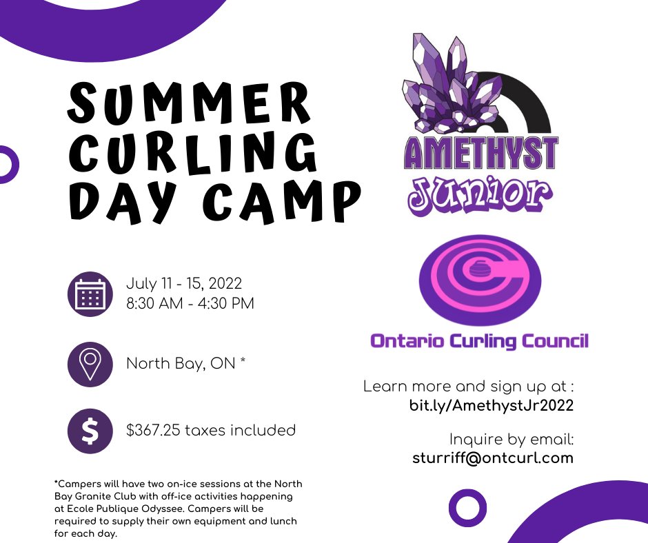 ONCurlCouncil's tweet photo. The @ONCurlCouncil is happy to announce our first-ever “Amethyst Junior”, a day camp for young curlers aged 7 to 11.

Campers will be based at Ecole publique Odyssée, within walking distance of North Bay Granite Club. 

To register or learn more, visit: https://t.co/6ZuFFuUre1 https://t.co/SF2eaUrbW9