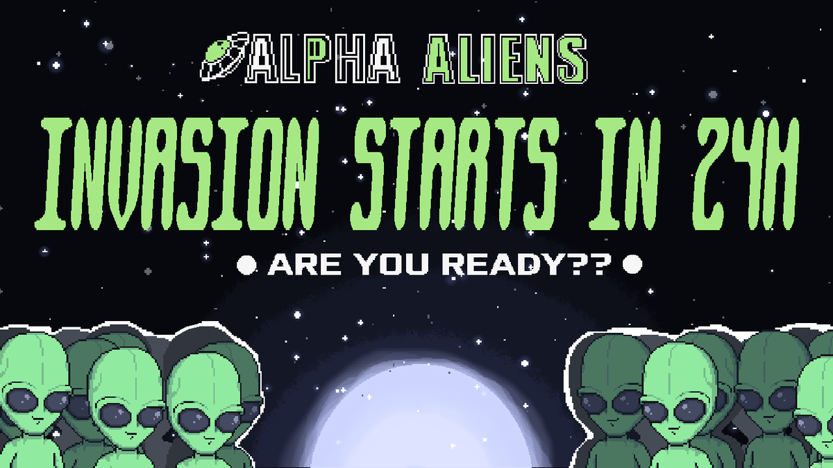 🛸 ONLY 24h LEFT TO THE INVASION 🛸

Start Tomorrow May 5th @ 8pm UTC on alphaaliens.io

Public Sale price: 0.025 $ETH ONLY 

Many contests &amp; few WL Spots available on discord.gg/alphaaliens

Are you ready to join the Alpha Aliens Invasion?

#NFT #NFTCommunity #pixelart