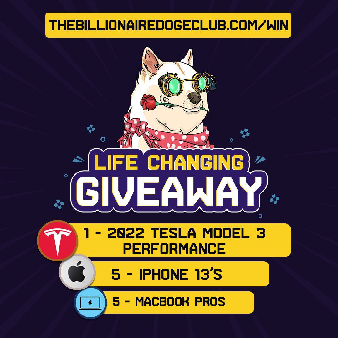 getdogebillions's tweet photo. 🎉 HUGE NFT Launch Promotion

The "Billionaire Doge" 🐶 is now launching "Phase 2"

Mint now &amp; get 75+ chances to WIN BIG!

Including...

🚘 Tesla Model 3 
📲 iPhone 13’s
💻 MacBook Pros
🤑 $50k in cash
🎉 And more...

👇 Enter to Win 👇

https://t.co/82qmWaIAi6 

#nftdrops #doge https://t.co/tgWUDl4K1a