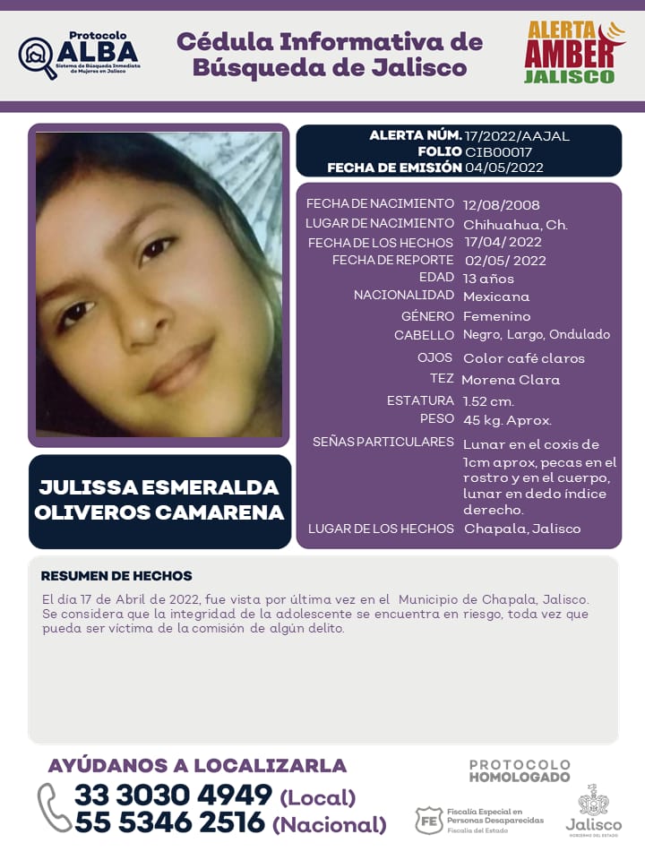 #AlertaAmber solicita tu apoyo para la búsqueda y localización de JULISSA ESMERALDA OLIVEROS CAMARENA, de 13 años de edad. Gracias por compartir la información. 

Si tienes alguna información comunícate al 33 3030 4949, 55 5346 2516 o al 911.