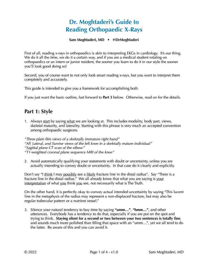 DrMoghtaderi's tweet photo. The #OrthoMatch2023 Sub-I Season is almost here, and as all of you go out onto your rotations I thought it would be a good time for me to write down &amp; share some of the tips I teach our residents.

Here is my "Guide to Reading Orthopaedic X-Rays", v1.0

https://t.co/wuqs5YnrMH https://t.co/AiVP7ACPVs